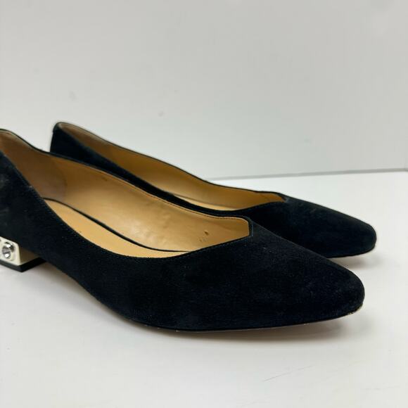 Talbots | Edison 6M Black Suede Leather Pointed Toe Embellished Fancy Heel Flats - Picture 7 of 13